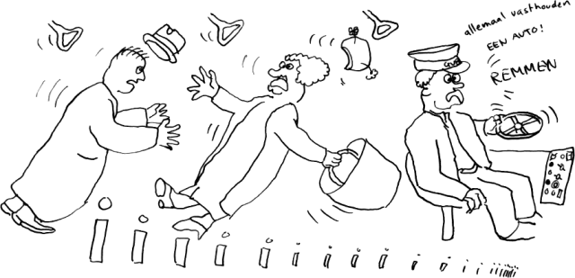 Iedereen in de tram gaat door met bewegen